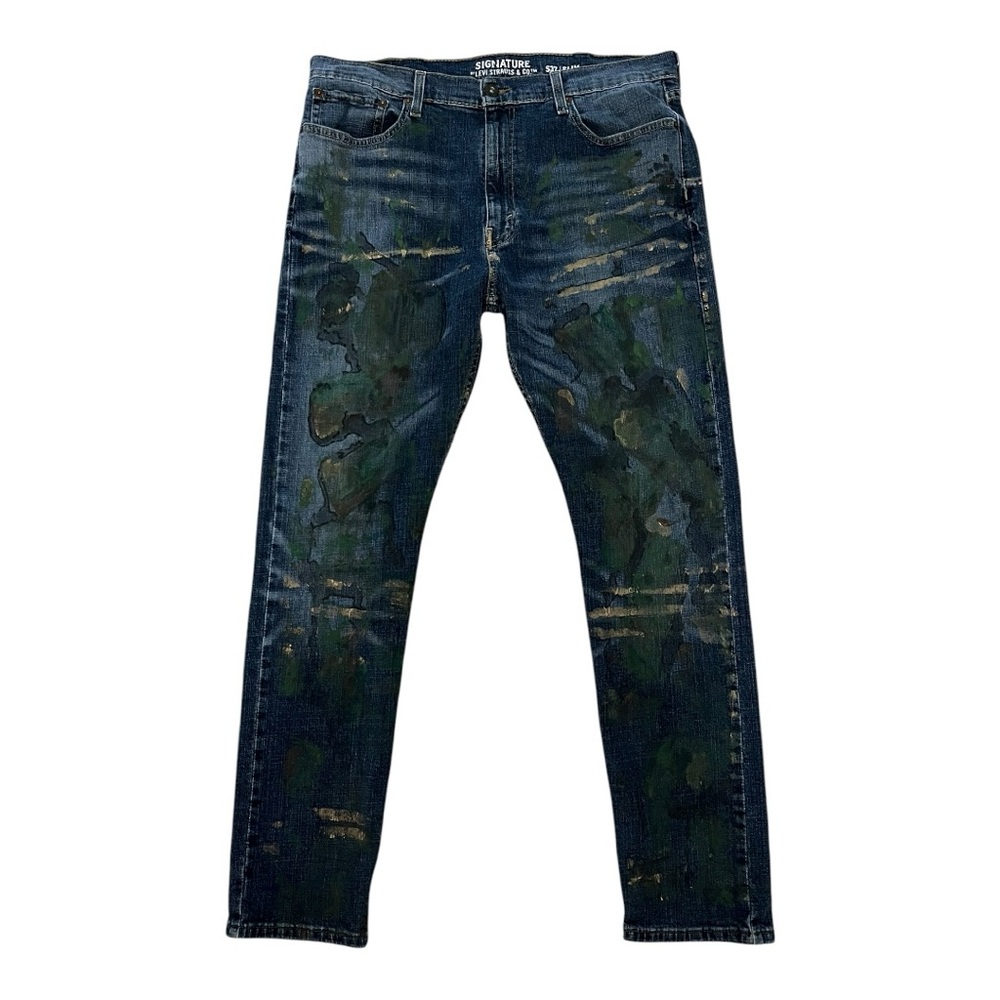 Signature by Levi’s Strauss Dark Wash Blue Slim Paint Splattered Denim, 38